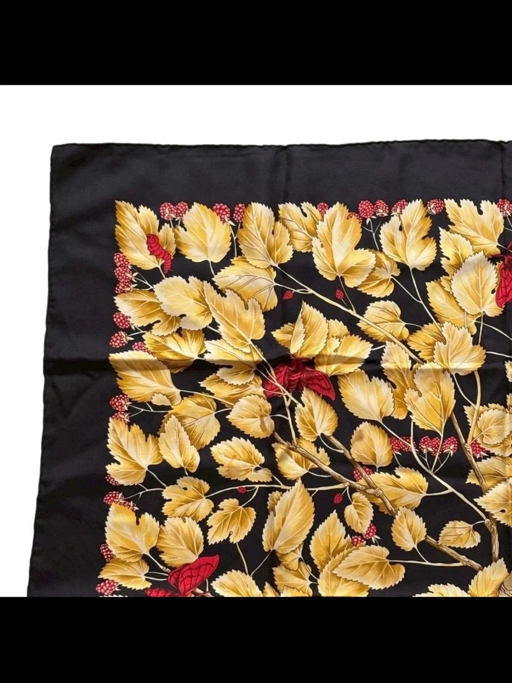 Hermes Black Silk Scarf with Gold Leaves and Red Berry Accents